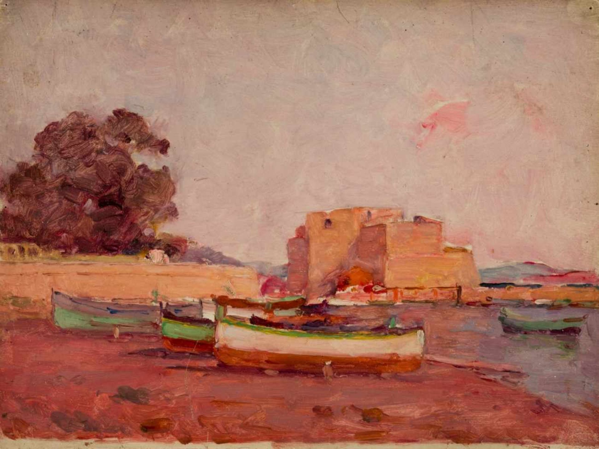 Félix ZIEM (1821-1911), Studio, Boats on the beach, oil on board, verso with stamp''Atelier