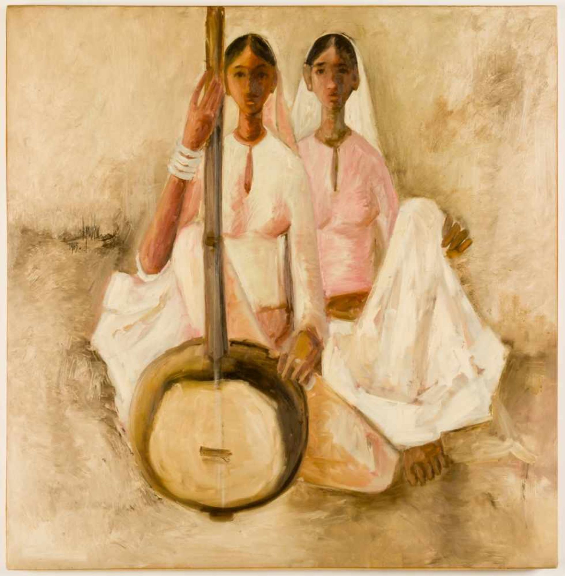 B. PRABHA (1933-2001), Two sisters with sitar, Oil on canvas, signed and dated (19)65, 107x 104