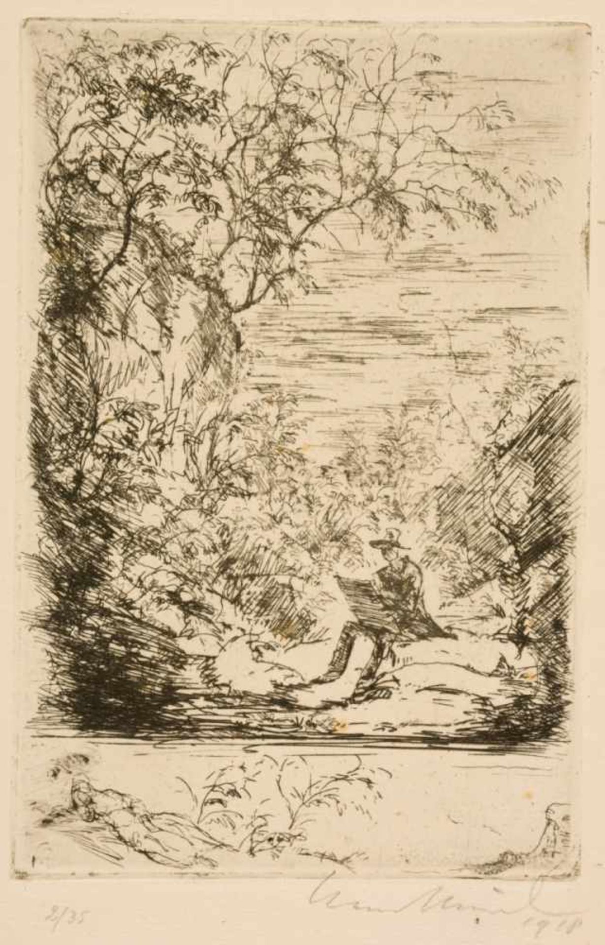 Hans MEID (1883-1957), The painter in the landscape, etching,2/35, signed with pencil anddated 1918,