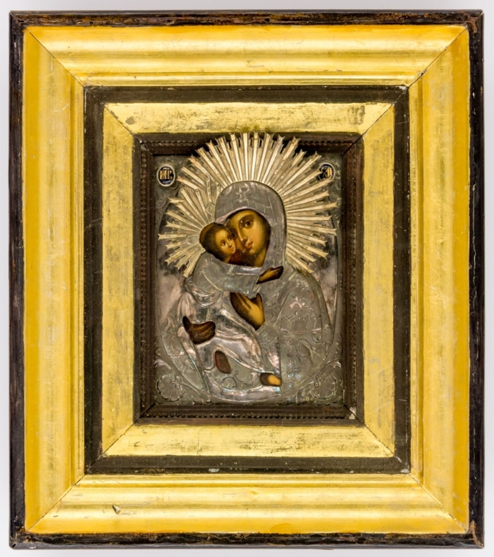 GOTTESMUTTER VLADIMIRSKAJARussische Ikone mit Silberoklad, Moskau, um 1850, und emailliertem
