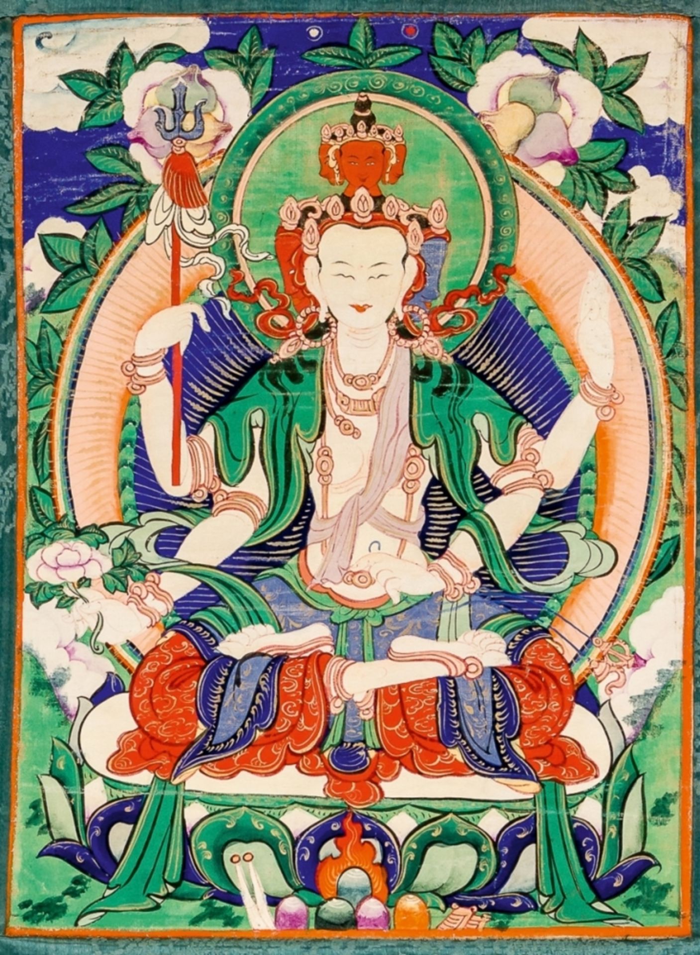 THANGKA MIT BUDDHA AVALOKITESHVARAMongolei, wohl um 190060 x 43 cm, Bild: 31 x 23 cmProvenienz: