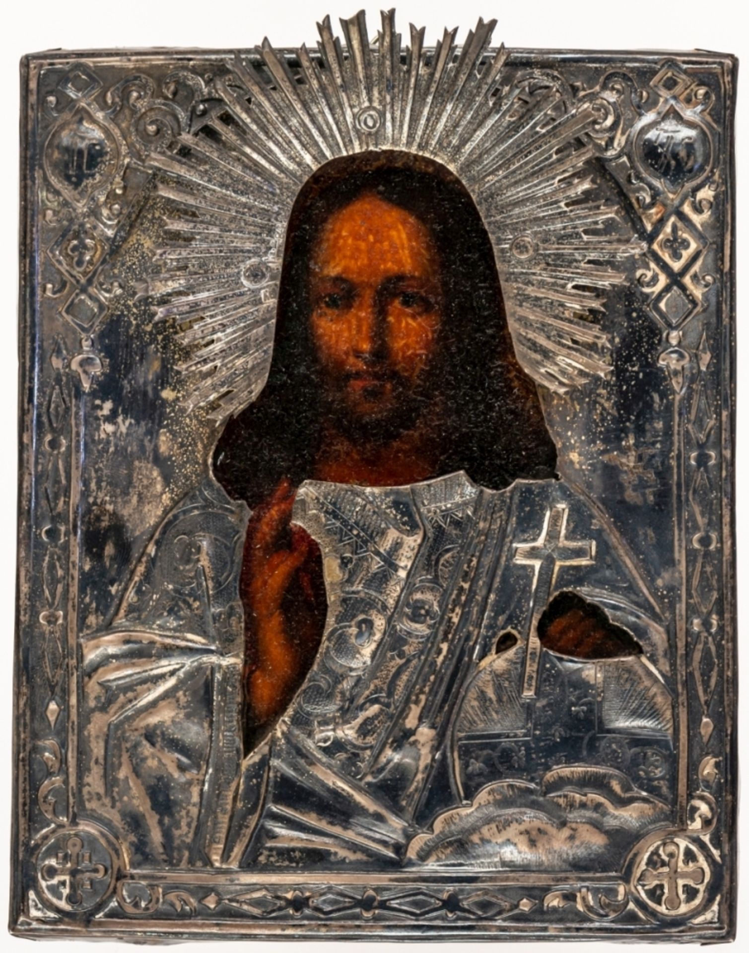 CHRISTUS PANTOKRATORRussische Ikone mit Silberoklad, Moskau 1862Beschaumeister: Viktor Sawinkow (