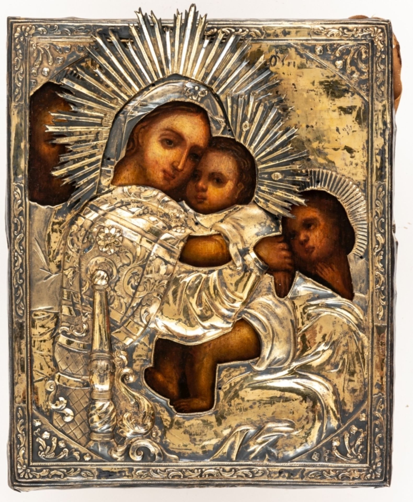 MADONNA DELLA SEDIARussische Ikone nach dem Renaissance-Künstler Raphael mit vergoldetem Silberoklad