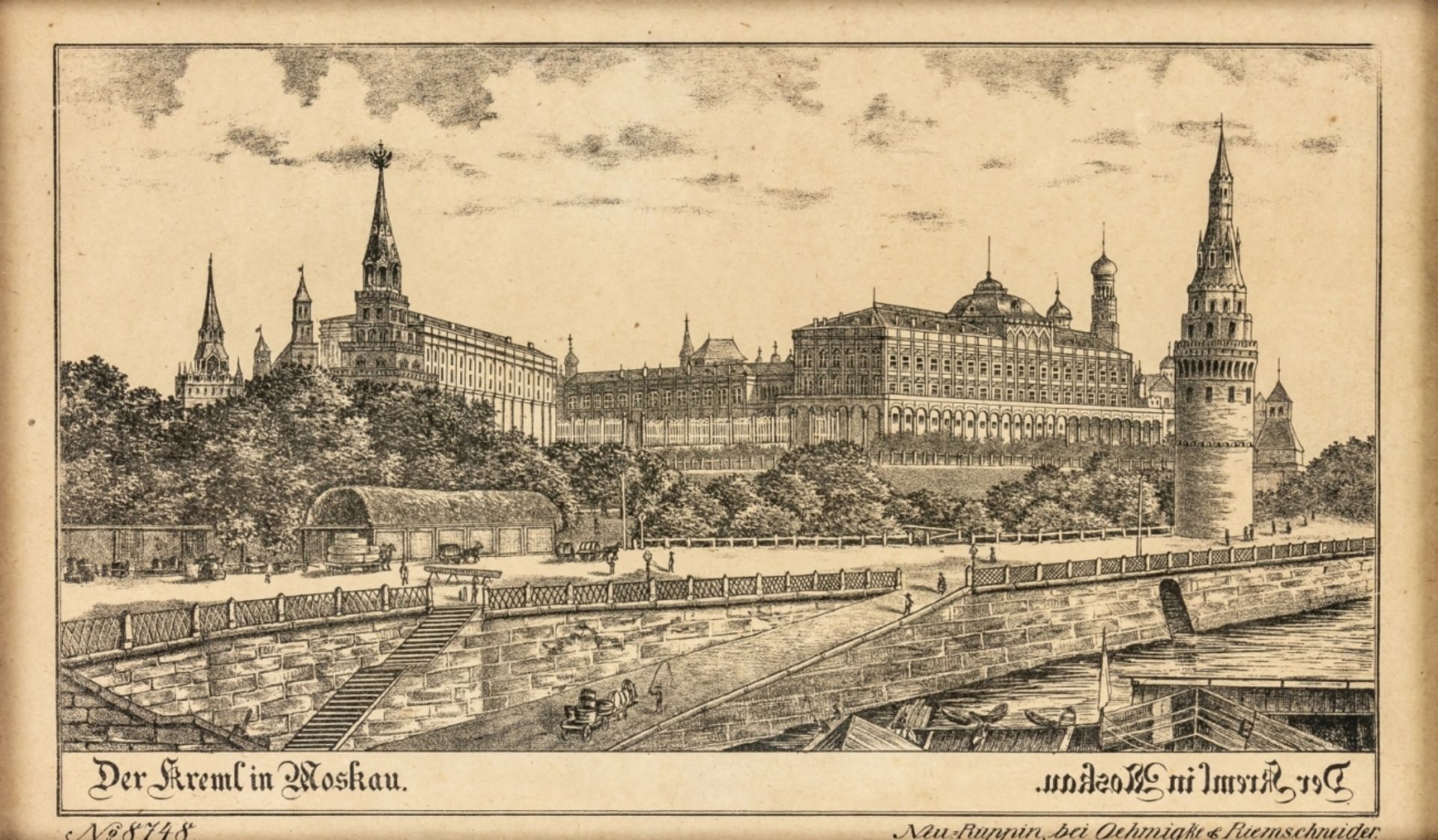 BILDERBOGEN-ANSICHT DES KREML IN MOSKAUSeltene Lithographie der für ihre Bilderbögen bekannten
