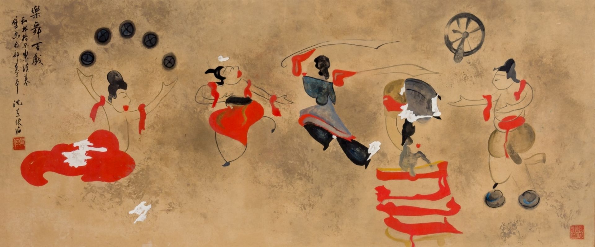 Tänzerinnen und Akrobaten nach einer antiken WandmalereiChina, Aquarell und Tusche, gemalt von