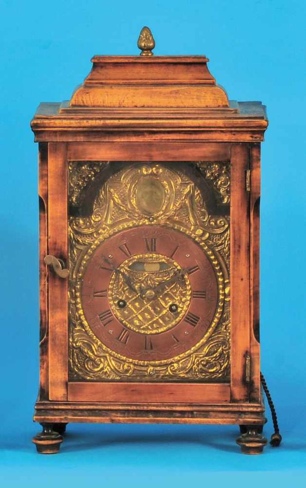Small wooden table clock with spindle movement and halfhour strike on bell