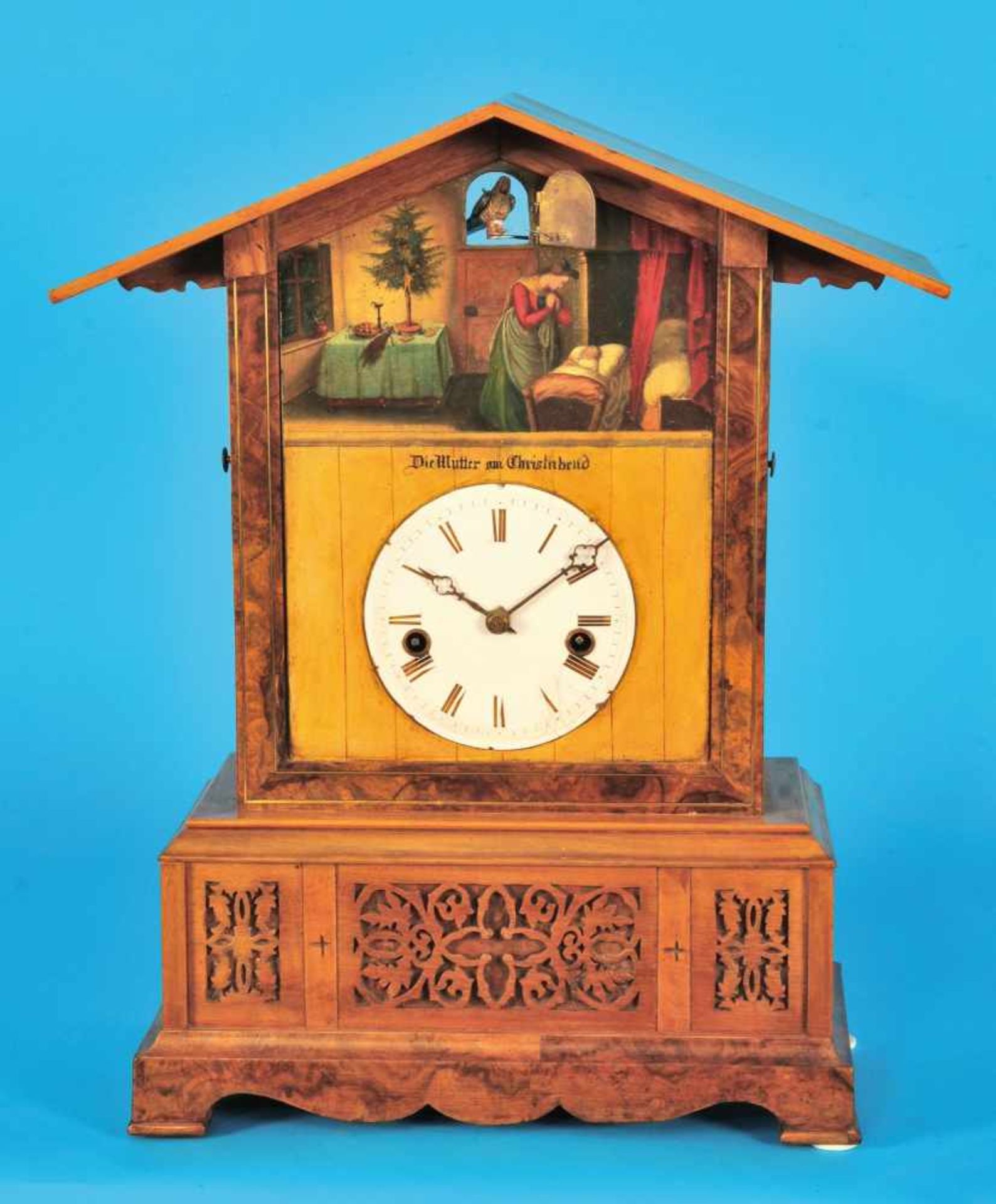 Beha table clock in shape of a railway house, with colored lithography in oil on sheet metal, Johann