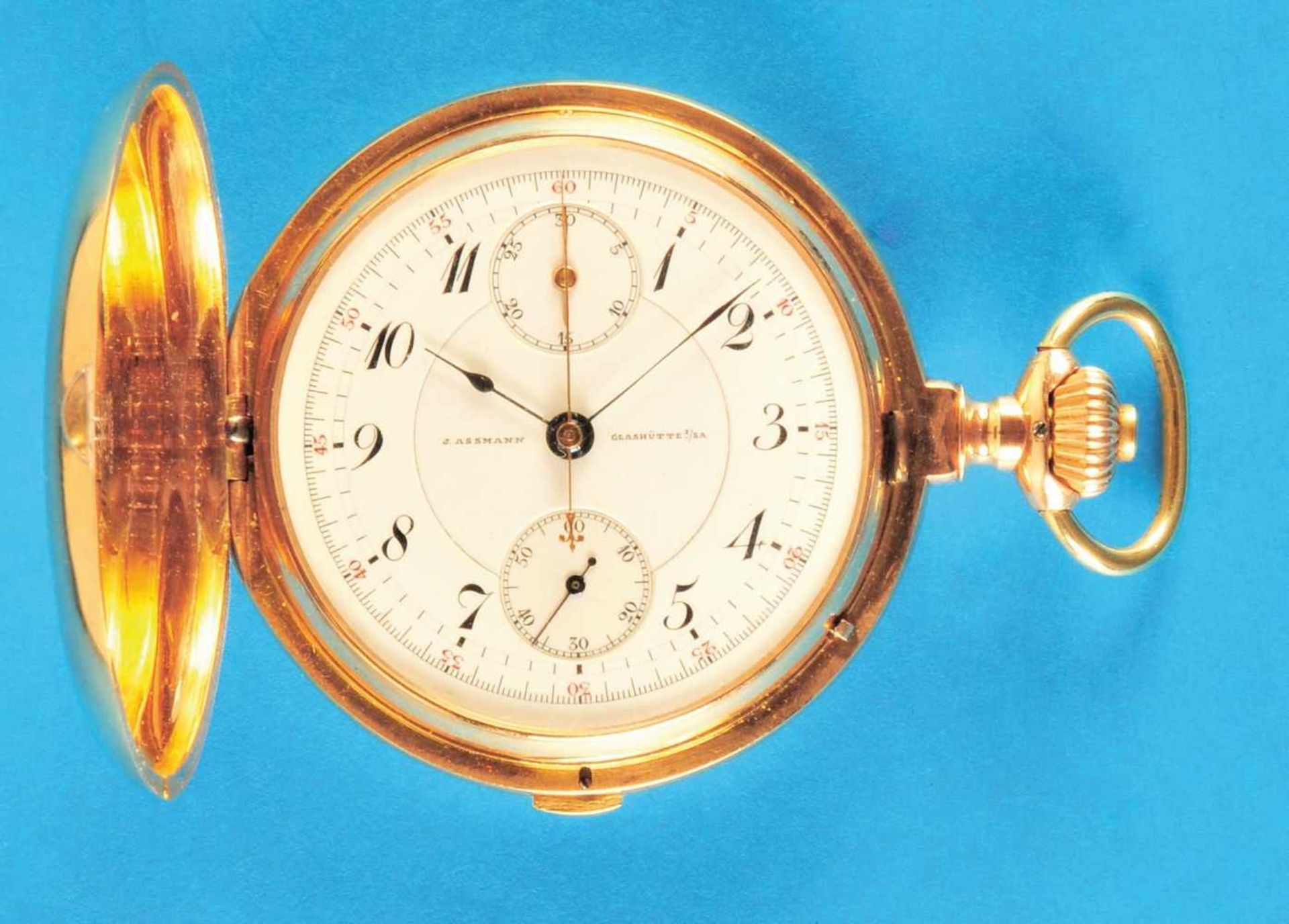 Gold savonette with chronograph and counter, J. Assmann Glashütte i/Sa. <