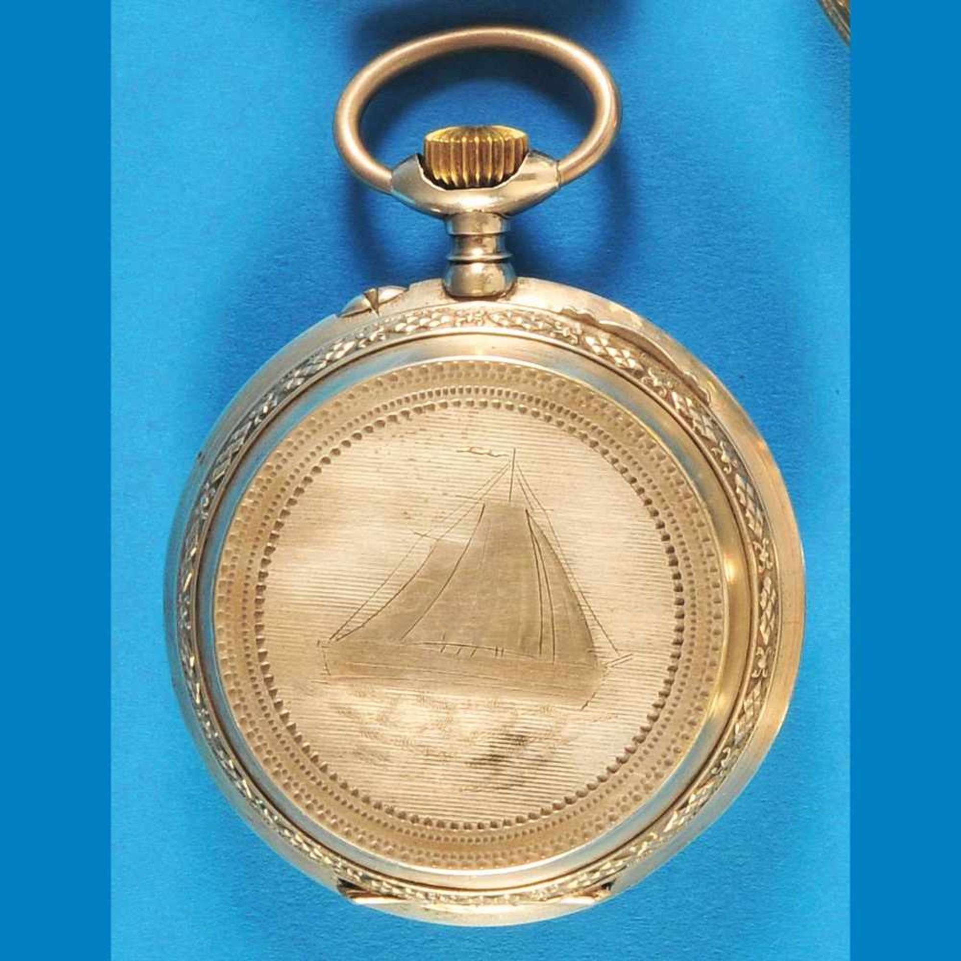 Big silver pocket watchGroße Silbertaschenuhr mit graviertem Segelschiff und 2-farbigem Zif - Bild 2 aus 2