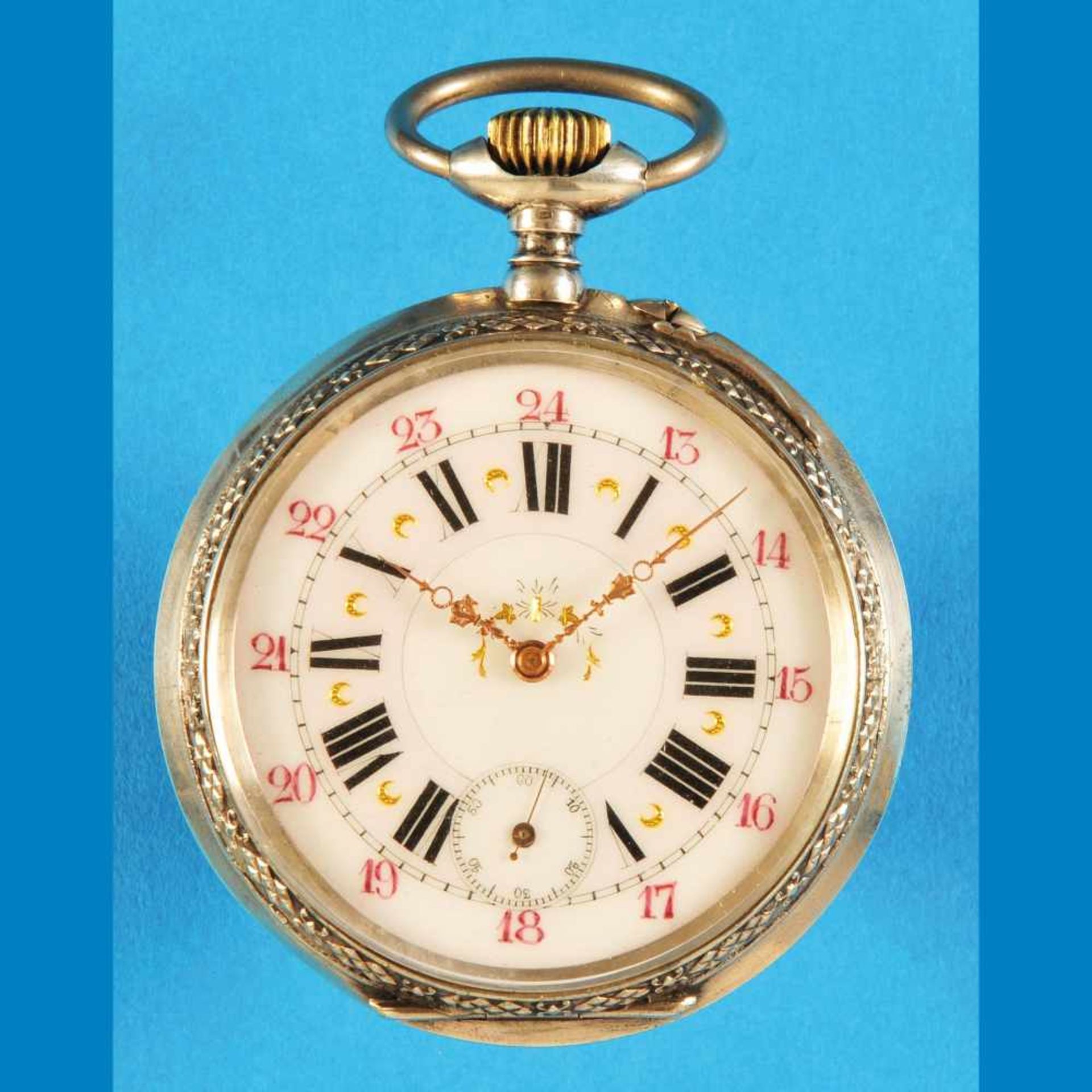 Big silver pocket watchGroße Silbertaschenuhr mit graviertem Segelschiff und 2-farbigem Zif