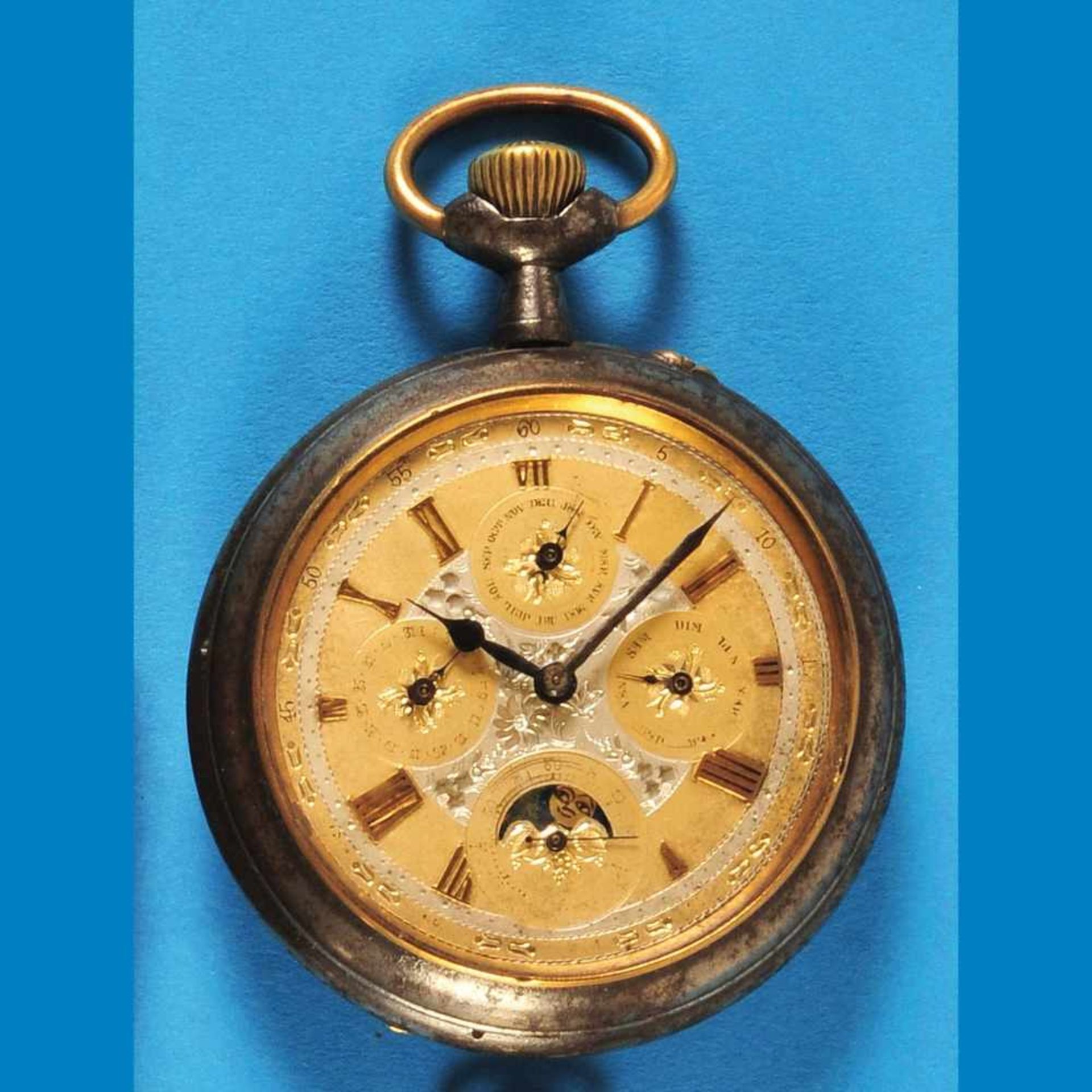 Big metal pocket watch with astronomic indicationsGroße Metalltaschenuhr mit astronomischen