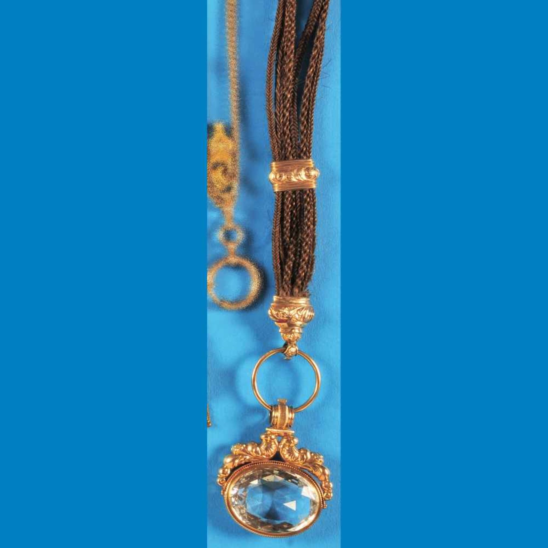 Watch chain made from hair with gold-plated slide and golden pendantHaar-Taschenuhrkette mi