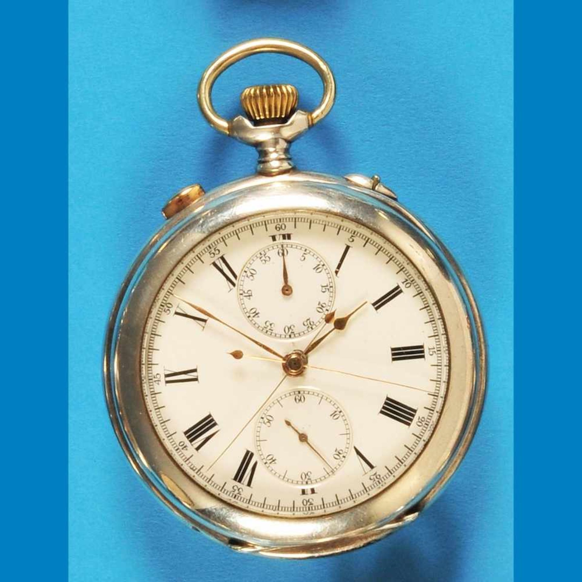 Gig silver pocket watch with chronographGroße Silbertaschenuhr mit Chronograph, Schleppzeig - Bild 2 aus 2