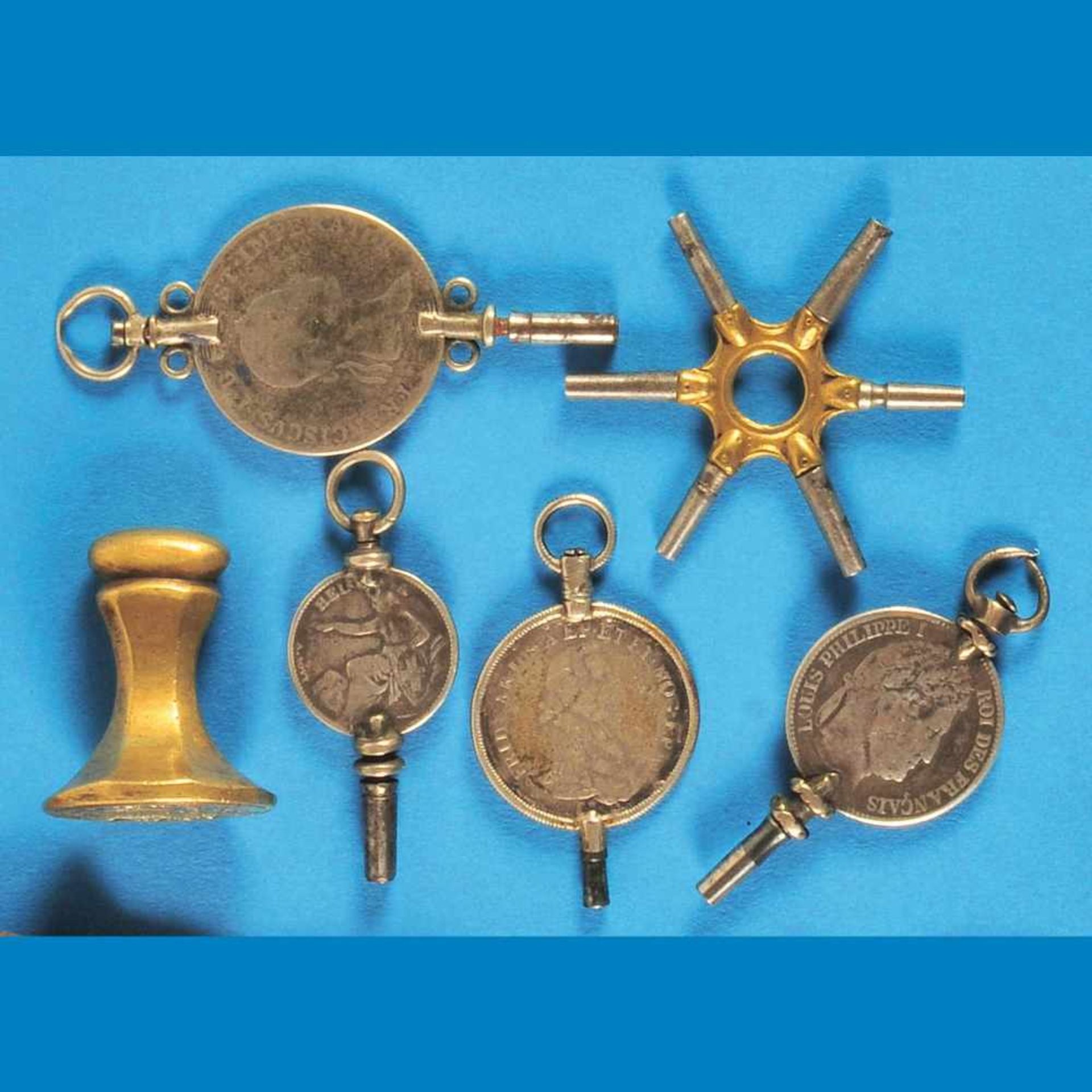 Bundle with 5 pocket watch keys an 1 signet, silver and gold-platedKonvolut mit 5 Taschenuh