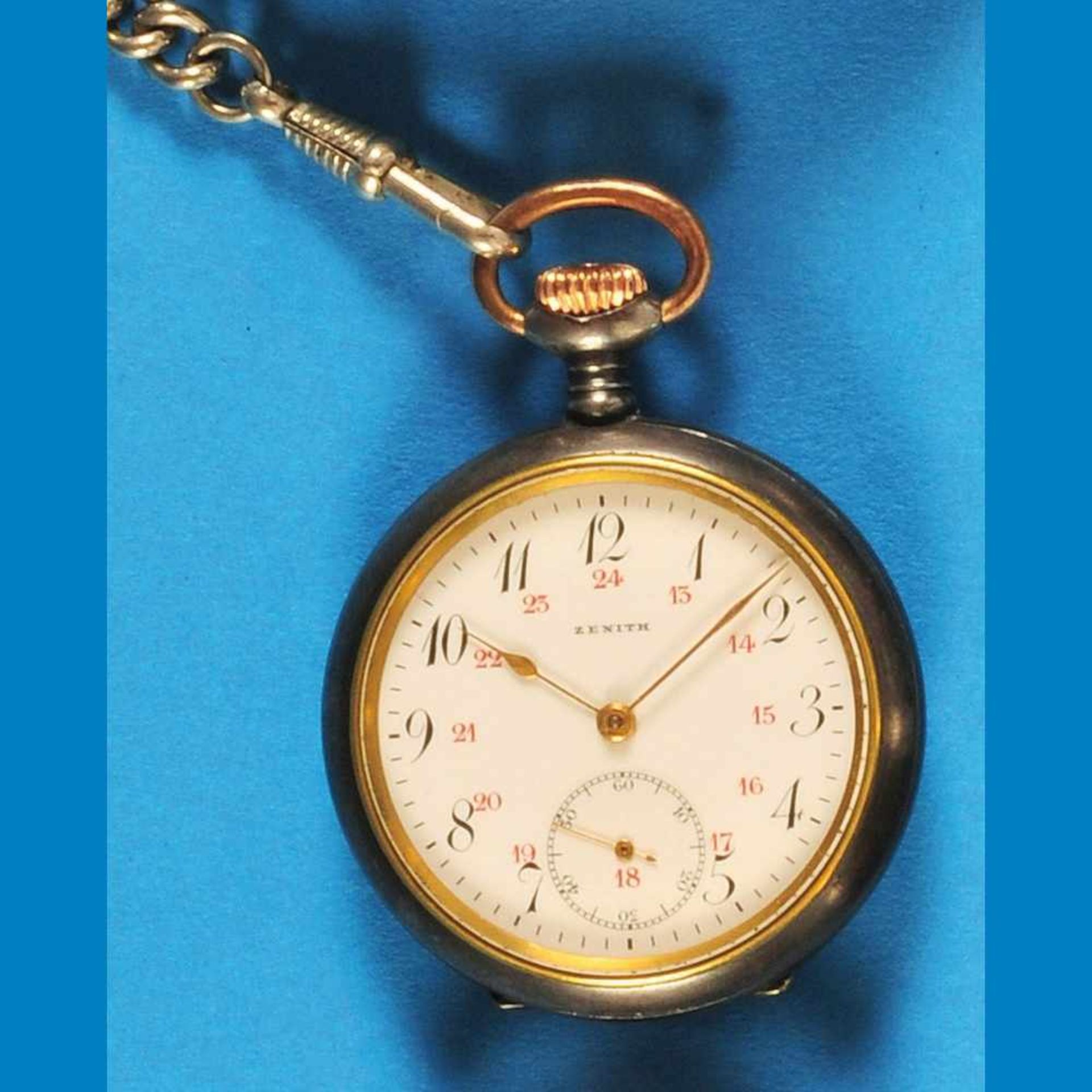 Metal pocket watch with watch chain, ZenithMetalltaschenuhr mit Taschenuhrkette, Zenith, br - Bild 2 aus 2