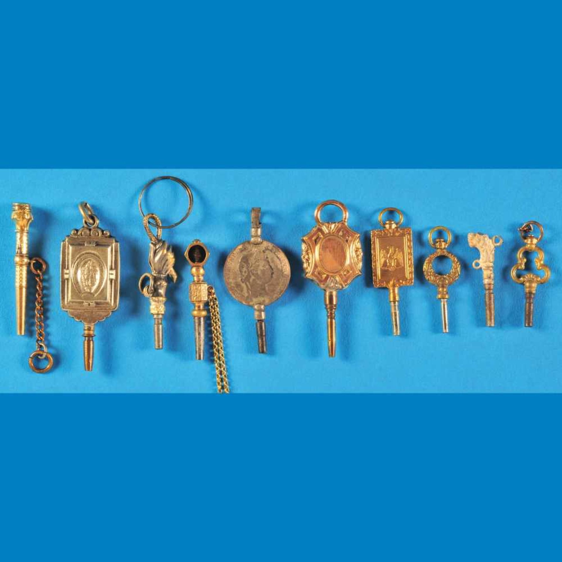 Bundle with 10 pocket watch keys, gold-plated and metalKonvolut mit 10 Taschenuhrschlüsseln