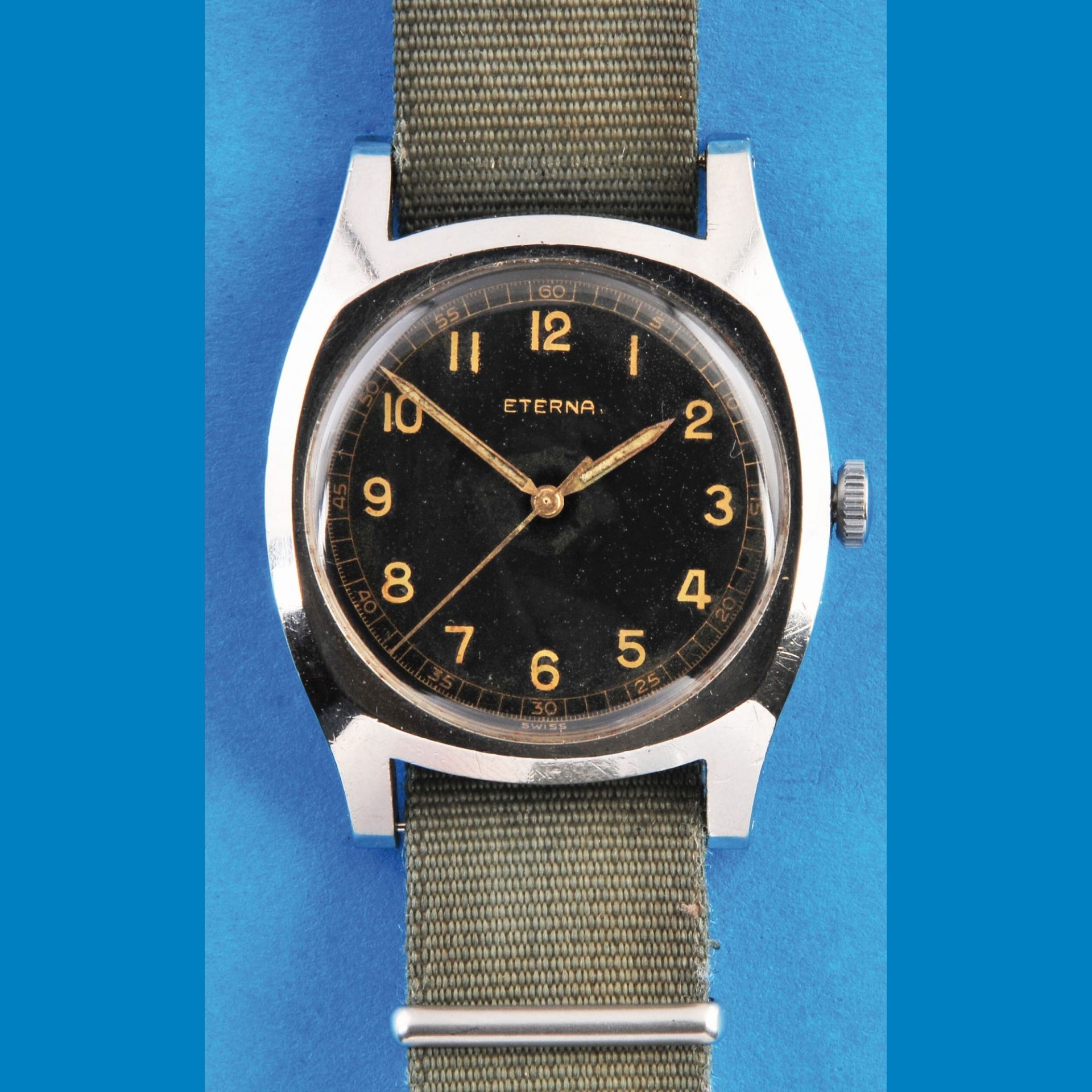 Eterna Flieger-Armbanduhr mit Zentralsekunde, Eterna cal. L852S, Stahlgehäuse, Schraubboden,