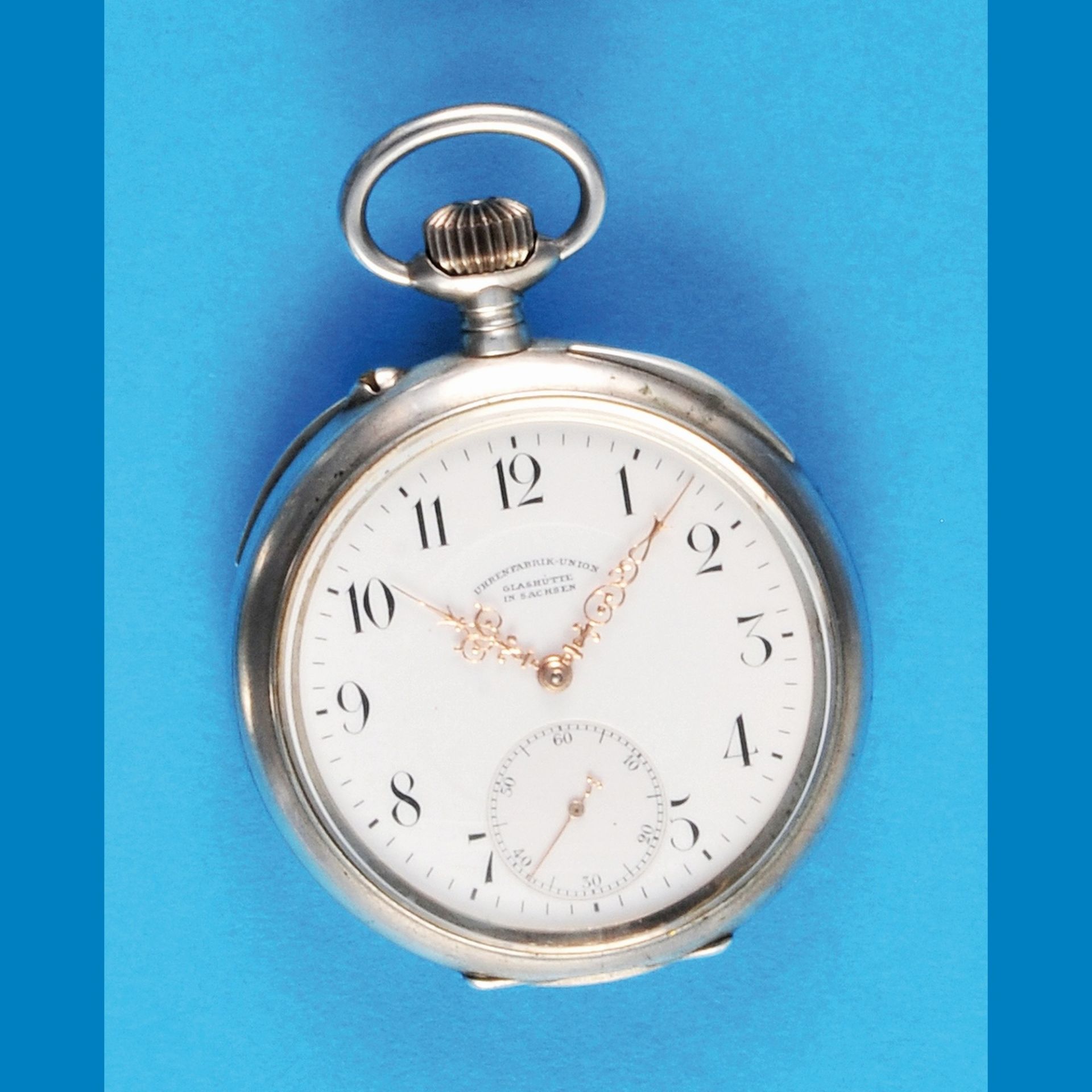 Silberne Taschenuhr, Uhrenfabrik Union Glashütte i. Sa. glattes Gehäuse, Emailzifferblatt mit