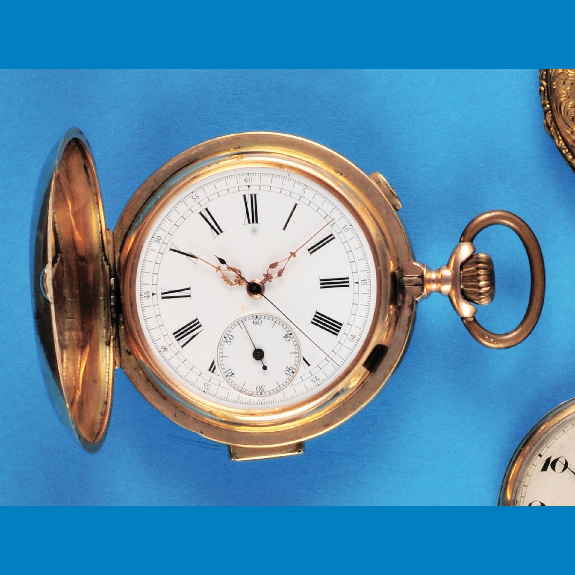 Goldtaschenuhr mit Sprungdeckel, ¼-Repetition und Chronograph, 14-ct.-3-Deckel-Goldgehäuse (Dellen - Bild 2 aus 2