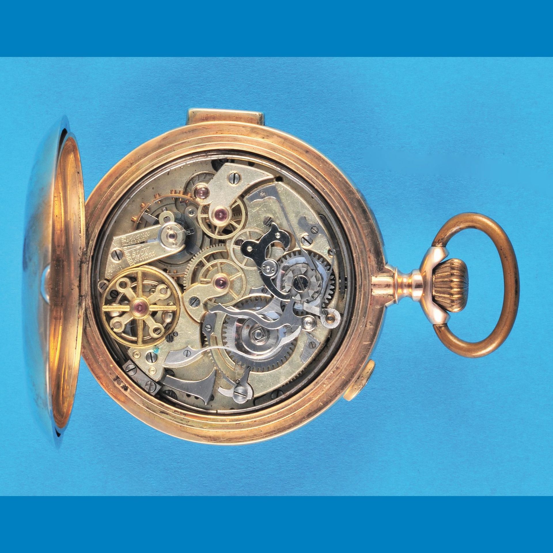 Goldtaschenuhr mit Sprungdeckel, ¼-Repetition und Chronograph, 14-ct.-3-Deckel-Goldgehäuse (Dellen