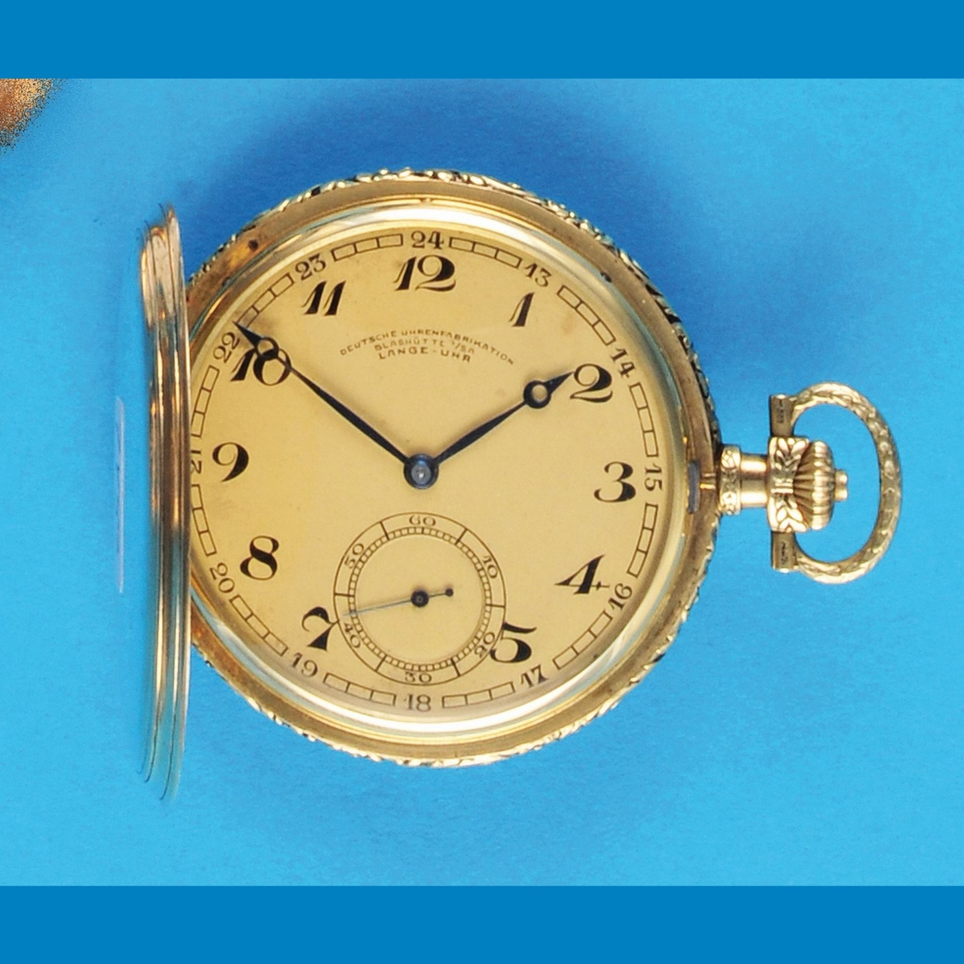 Glashütter Gold-Taschenuhr mit Sprungdeckel, im Original-Etui, Deutsche Uhrenfabrikation Glashütte - Bild 2 aus 2