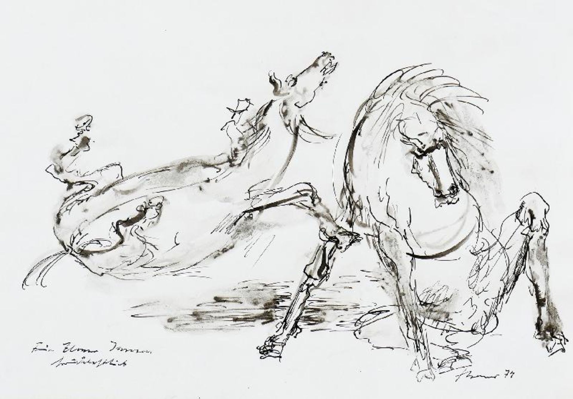 Cremer, Fritz Zwei Pferde Zeichnung, Feder, Pinsel, laviert auf festem Karton, 1974, 245 x 390,
