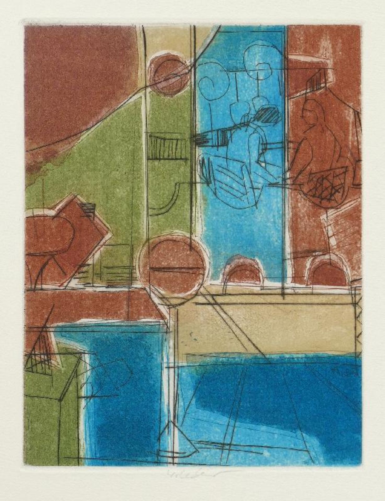 Leber, Wolfgang (Interieur mit Kugelaschenbecher)Farbradierung in Blau, Grün, Rot und Gelb, 213 x