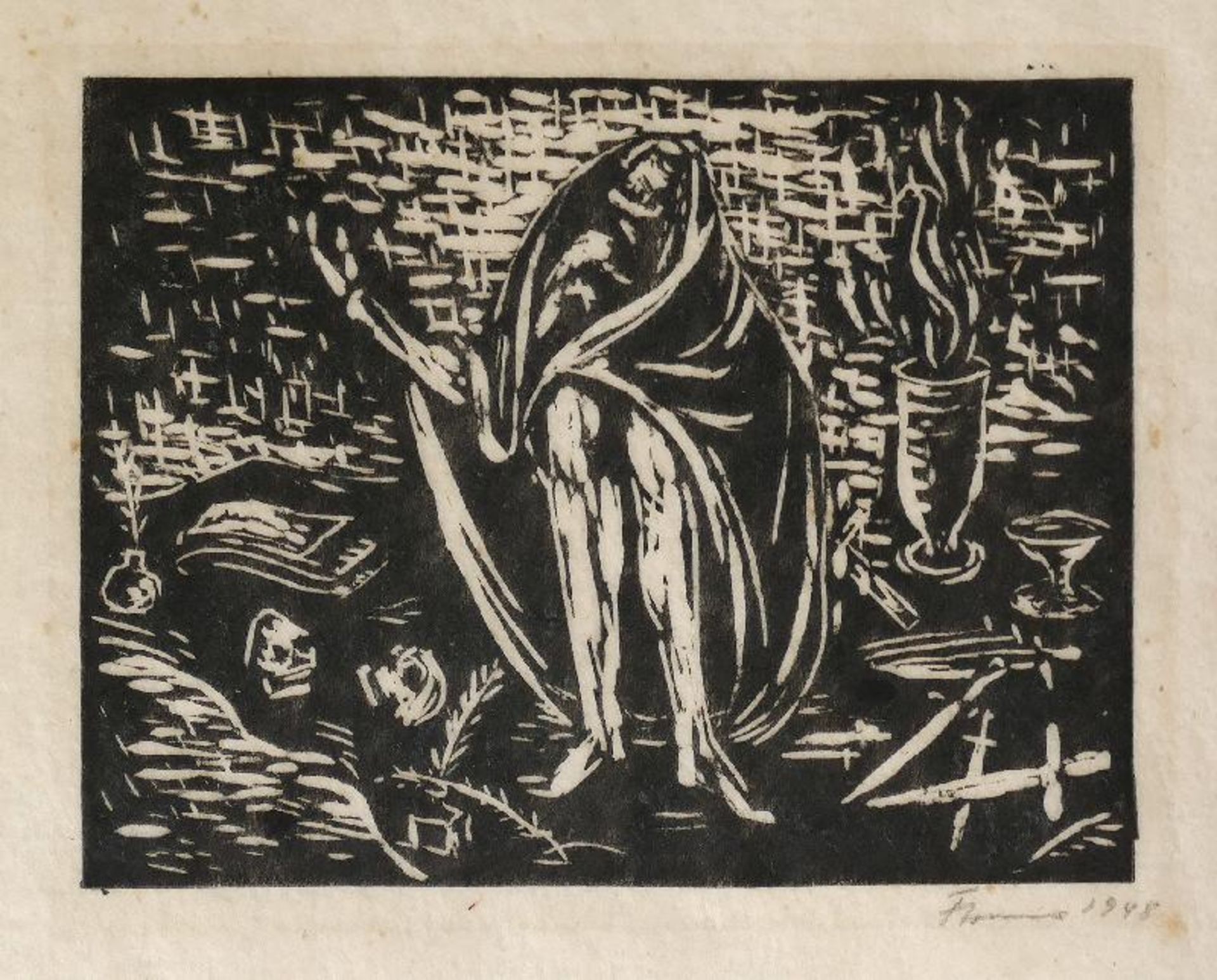 Cremer, Fritz Konvolut von zwei Linolschnitten zu: Walpurgisnacht 1.) Trödelhexe, 1948, 127 x 163