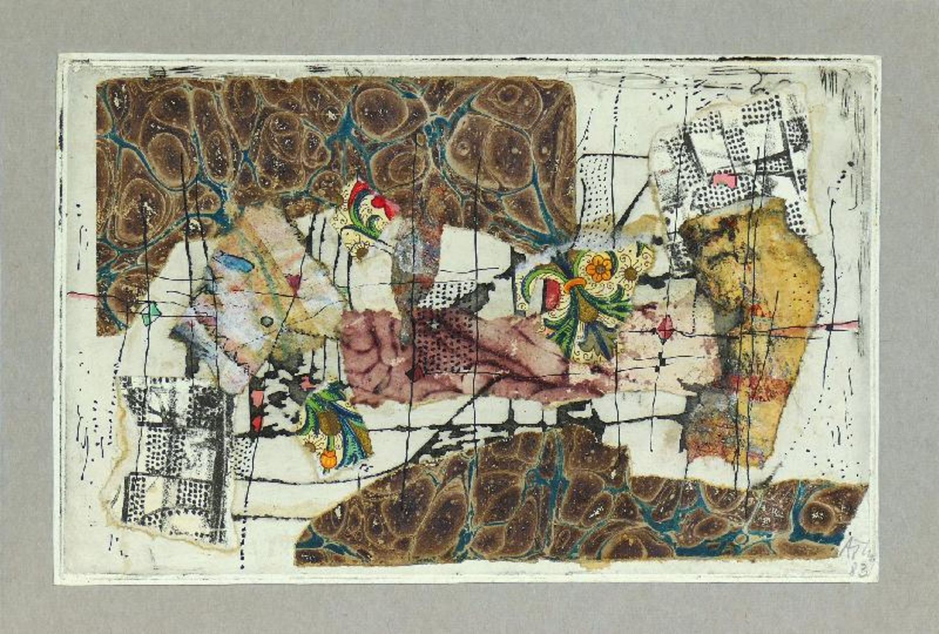 Mörstedt, Alfred Traugott o.T.Collage, farbige Papiere über Radierung, montiert auf grauem Karton,