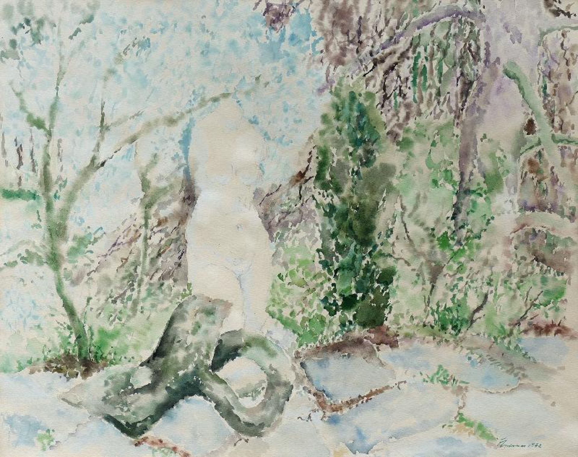 Cremer, Fritz (Skulptur im Garten) Aquarell, 1972, 480 x 598, sign., dat. Unter Passepartout