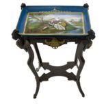 Small table of XIX Century, France. Painted top in porcelain depicting scenes of genre. H cm 75