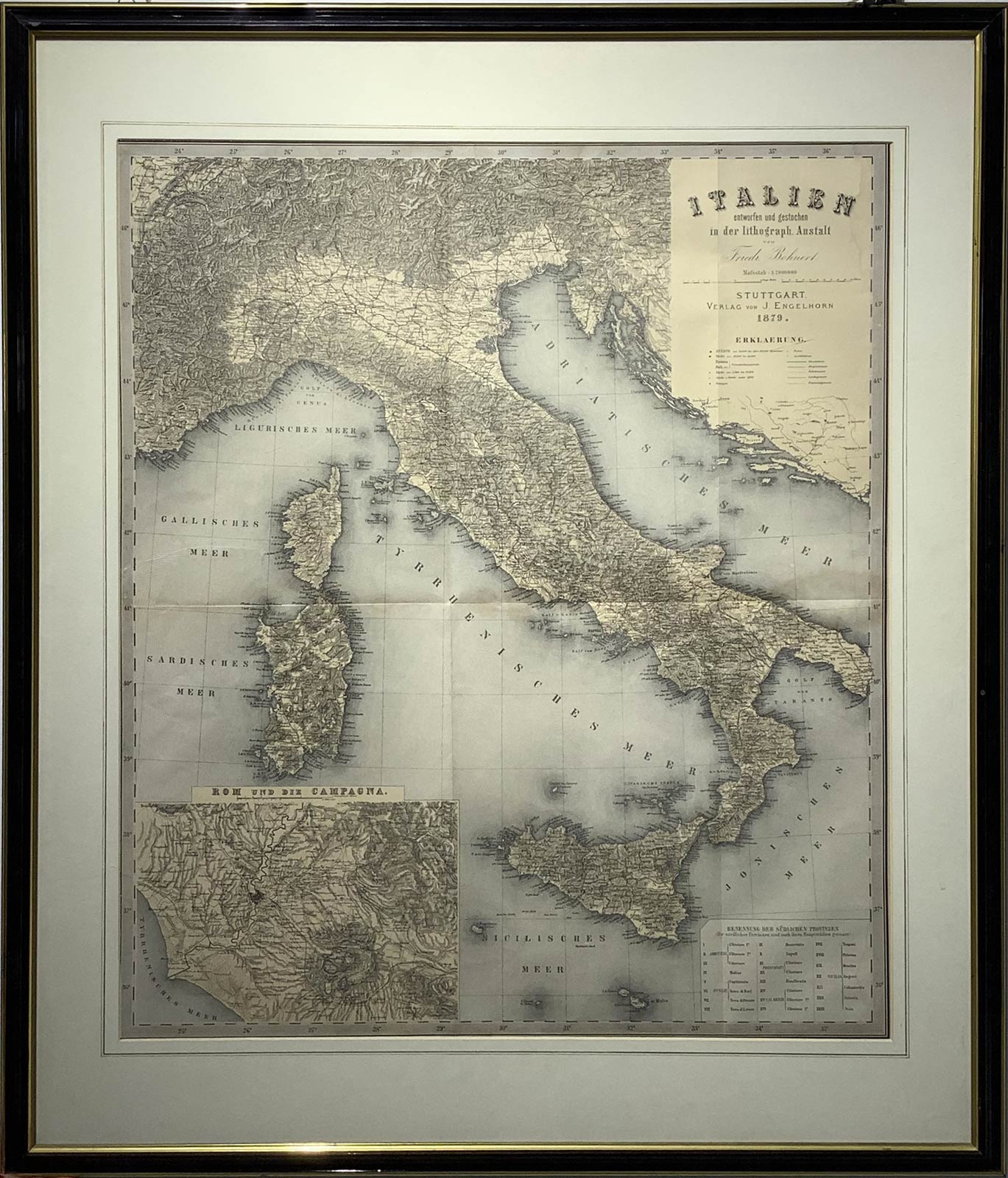 Italy - Map. Big dimension 1879. Legend 23 Italian province late 1800. Italien-Fredrich-Bohnert,