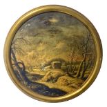 Painter from the 18th century. Round painting of snowy landscape. Diameter 27, oil paint on wood