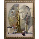 Saro Tricomi (Catania, 1937). Palette, mask and trumpet. 80x60, Oil paint on canvas. Signed lower