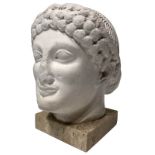 Sculpture from the twentieth century. Head of young greek. Marble Base. H 30 cm, 16x16 marble base.