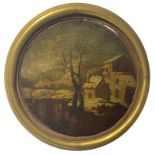 Painter from the 18th century. Round panting with houses coverd in snow. Diameter 27, oil paint on