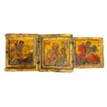 Byzantine travel Icon. XIV / XV century. Triptych. Illustrations on gold background. H cm 21,5 x8,3.