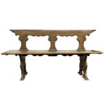 Bench in walnut with back and foldable seat. XVII century. Espalier decorum to Ace of Cups,