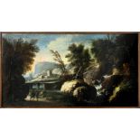 Italian painter from the 18th century. Landscape with ruins, characters and herds. 27x50, oil paint