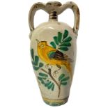 Quartara biansata majolica of Caltagirone, early nineteenth century. On white background with bird