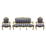 Sofa and two armchairs Louis Philippe style first 900, gilt wood Leaf. Lined in blue fabric. Sofa H