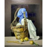 Saro Tricomi (Catania, 1937). Still life with basket and lemons. 80x60, oil paint on canvas. Signed