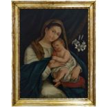 Sicilian painter of the XIX Century. Virgin Mary with child and lilies. 80X61, oil painting on