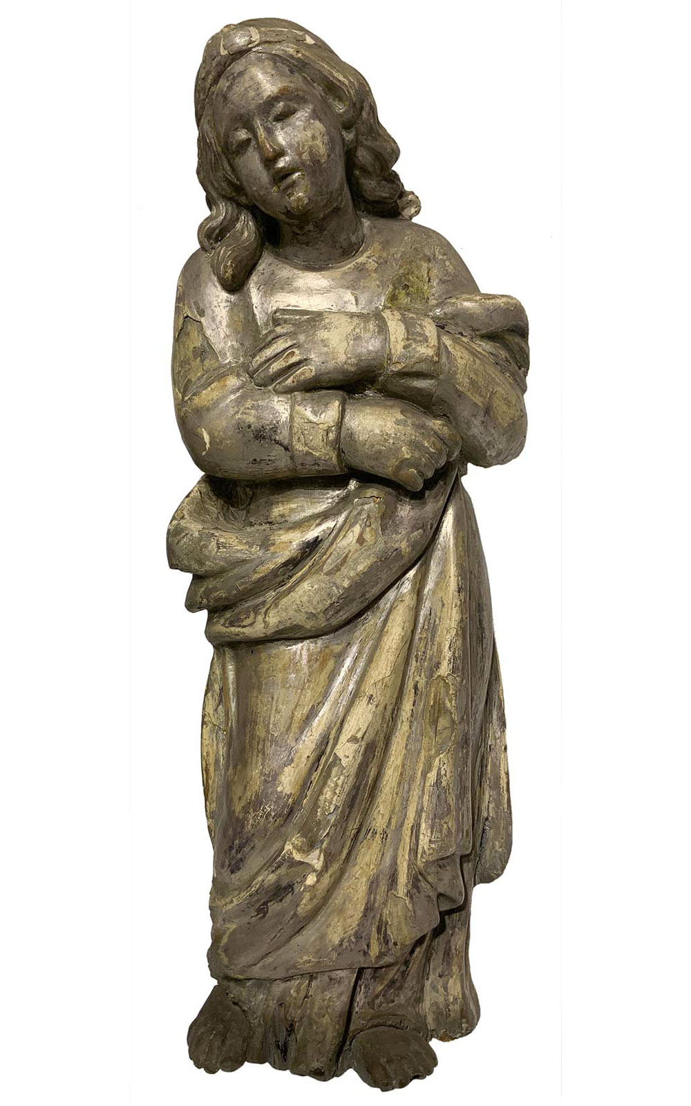 Italian Sculptor from the seventeenth century. Wooden statue depicting young St. Agatha, made with