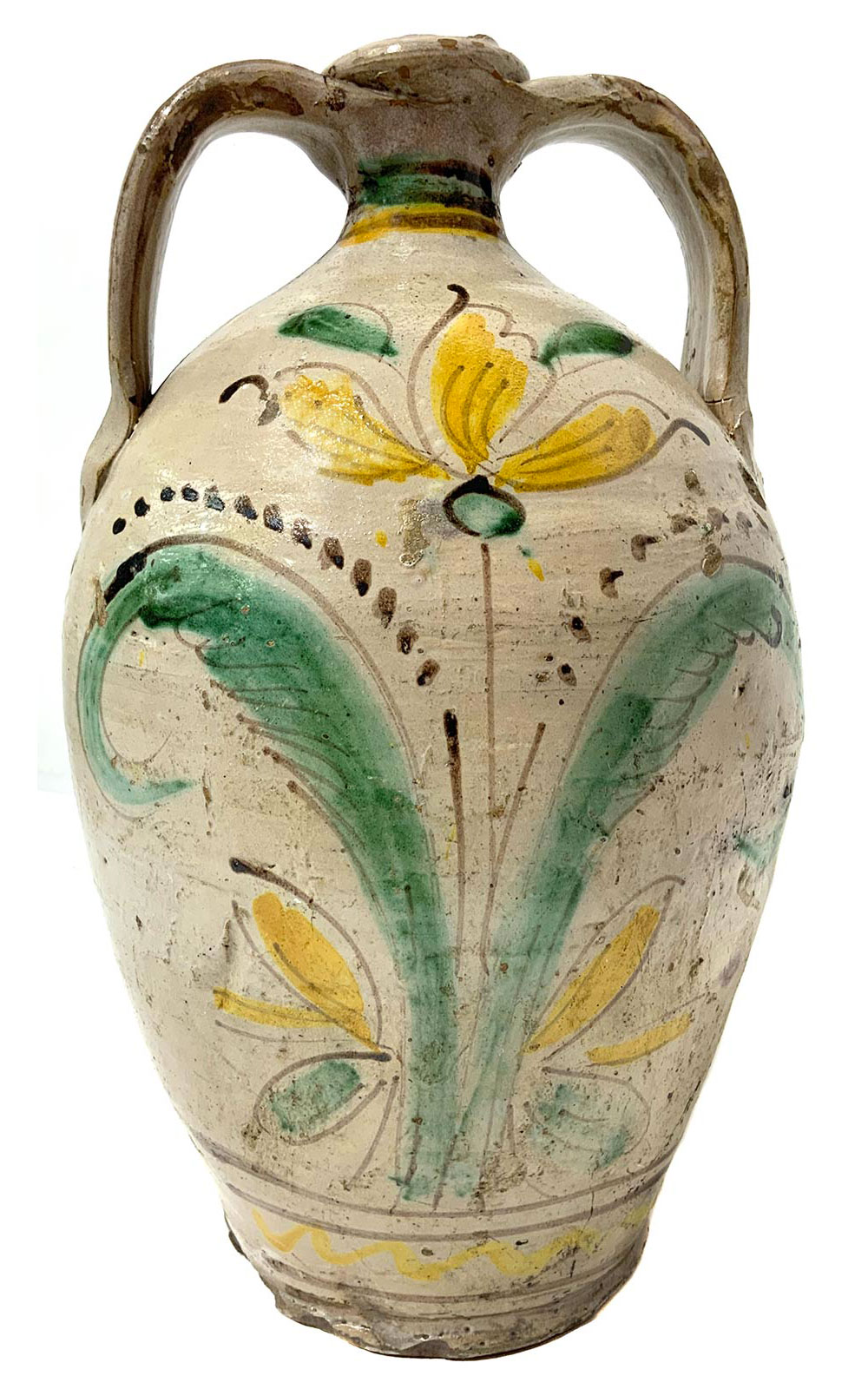 Jug" in Caltagirone majolica with handles, mid-nineteenth century. White tinted with green and
