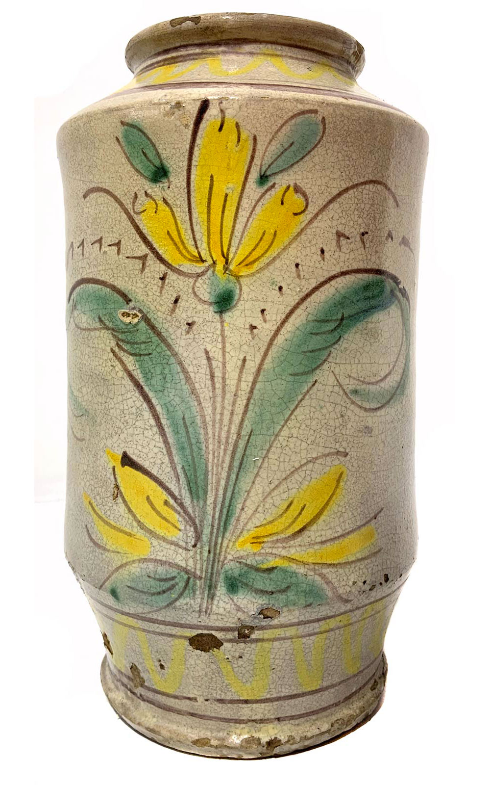 Cylinder majolica of Caltagirone, Sicily, 1833. White tinted with yellow flowers and green leaves.