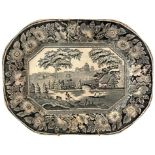Octagonal Plate, England. Mark Wild Rose. Decorated in the cable with the landscape, in the tense