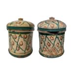 Pair of Majolica cylinders of Caltagirone, Sicily, XX century. Cm 18x16. Minor defects.