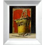 Saro Tricomi (Catania, 1937). Still life with basket. 50x40, Oil paint on canvas. Signed lower