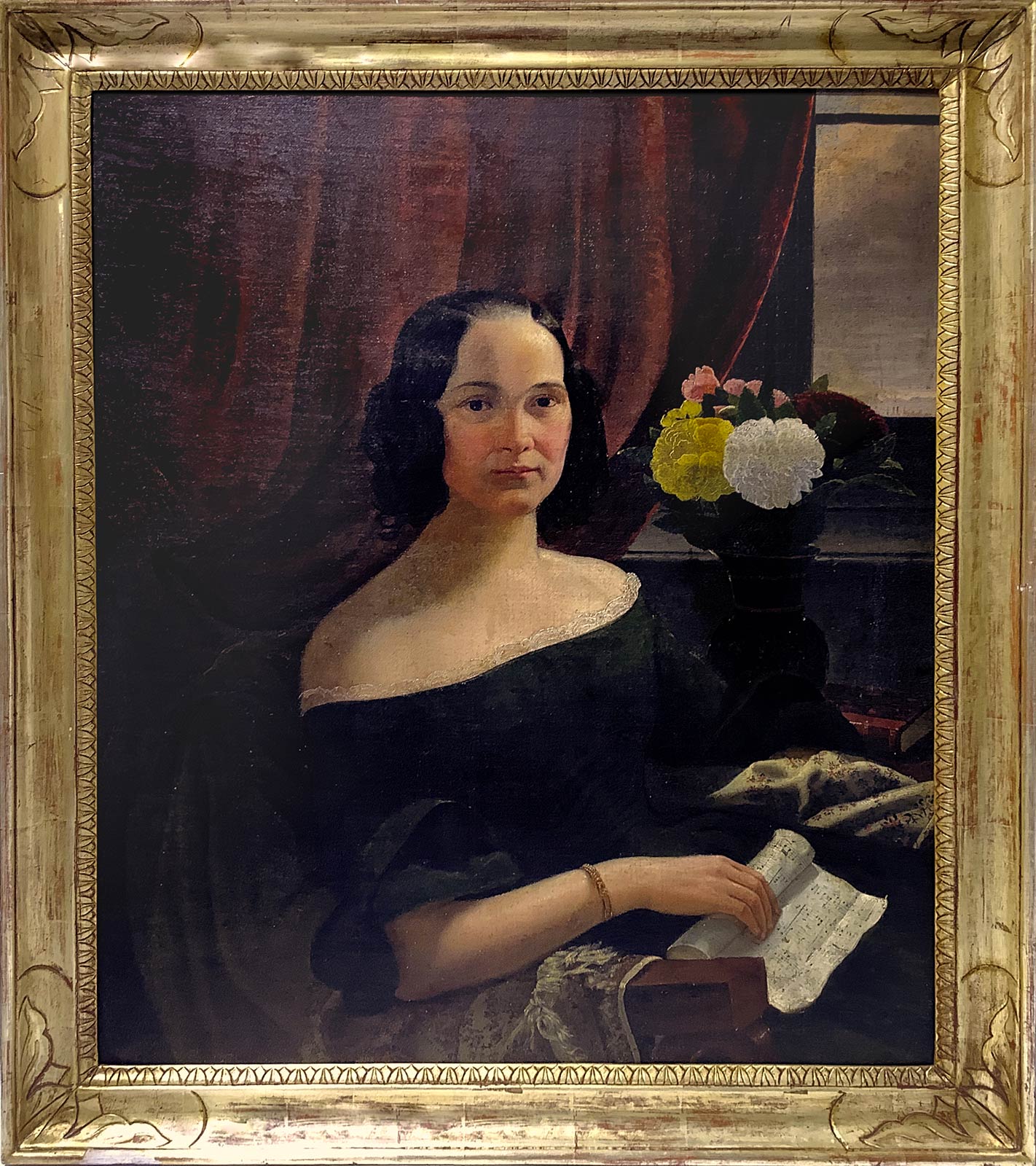 Nineteenth century painter. Portrait of a young female musician, allegory of music. 90x75, oil